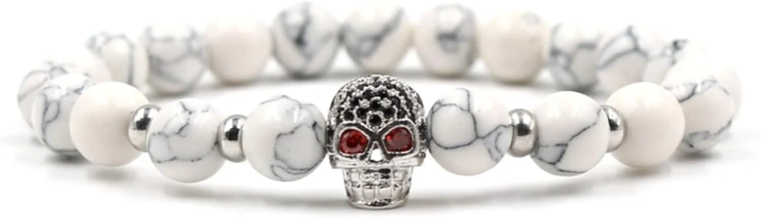 Wycian Mens Surgical Steel Bracelet, Skull Bracelet for Men Beads Magnesite White Turquoise with Zirconia Skull Nature Stones for Mother's Day