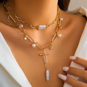 Xerling Boho Gold Paperclip Toggle Necklaces 2 Tier Baroque Pearls Pendant Choker Chains Bohemian Cuban Link Necklace for Women