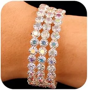 Xerling Full Crystal Iridescent Rhinestones Bracelets for Women Silver Layered Hand Chain Bracelets Bridal Wedding Hand Jewelry (AB Crystal-3 Row)