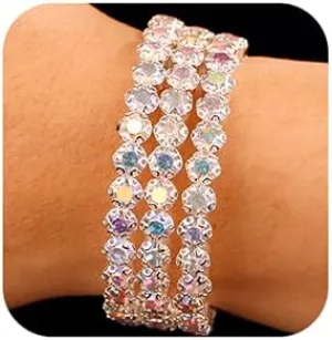 Xerling Full Crystal Iridescent Rhinestones Bracelets for Women Silver Layered Hand Chain Bracelets Bridal Wedding Hand Jewelry (AB Crystal-3 Row)