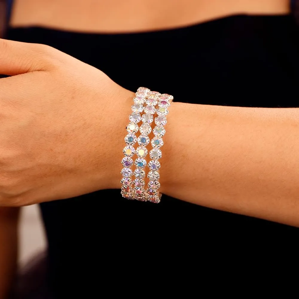 Xerling Full Crystal Iridescent Rhinestones Bracelets for Women Silver Layered Hand Chain Bracelets Bridal Wedding Hand Jewelry (AB Crystal-3 Row)