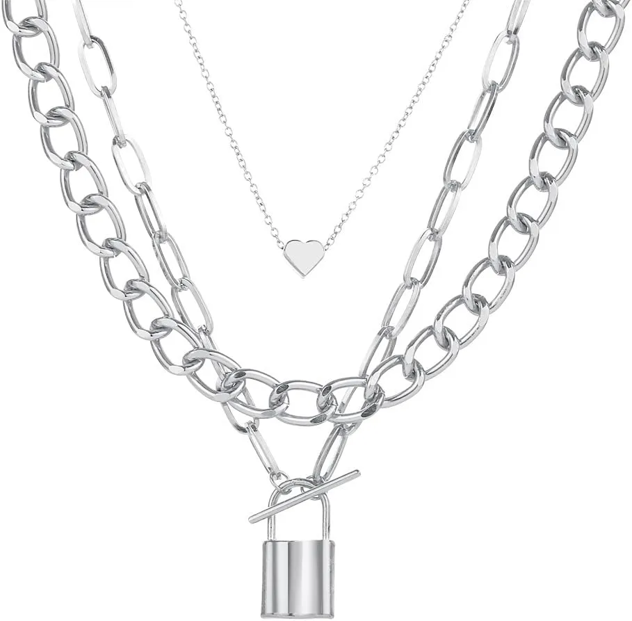 Xerling Silver Layered Necklaces for Women Bohemian Heart Lock Pendant Necklace Punk Chunky Chain Choker Cuban Link Necklace (Silver)