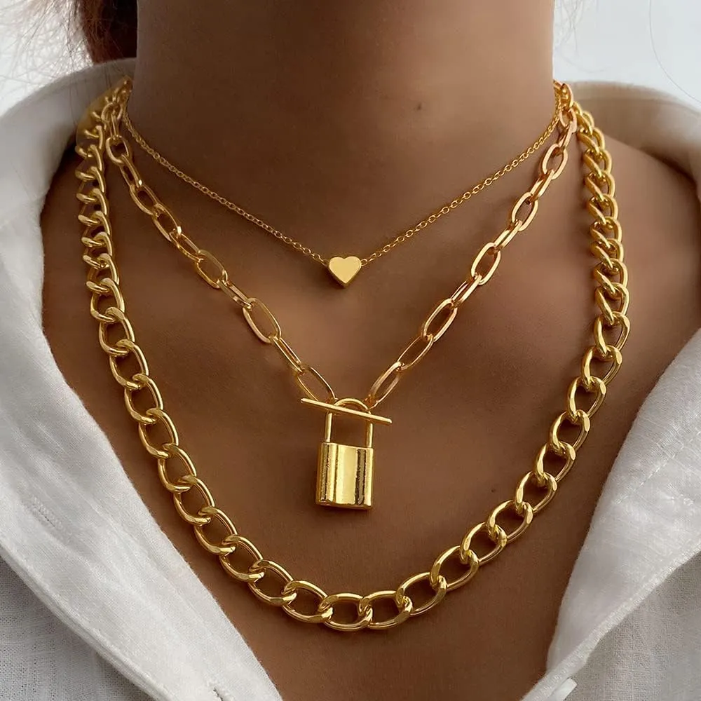 Xerling Silver Layered Necklaces for Women Bohemian Heart Lock Pendant Necklace Punk Chunky Chain Choker Cuban Link Necklace (Silver)