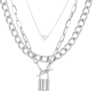 Xerling Silver Layered Necklaces for Women Bohemian Heart Lock Pendant Necklace Punk Chunky Chain Choker Cuban Link Necklace (Silver)