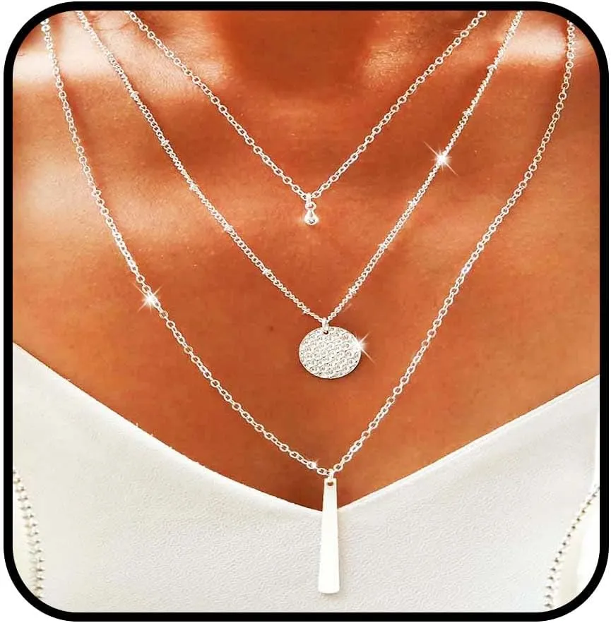 Yalice Layered Bead Sequin Necklace Chain Bar Pendant Necklaces Multi-Strand Fashion Jewelry for Women