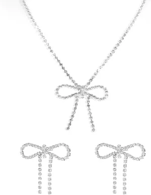 Yolev Silver Bow Jewelry Set for Women,Bow Necklace and Earrings Set,Trendy Necklaces Bowknot Dainty Jewelry Bow Silver Choker Pendant Necklace Fashion Jewelry Gifts Rhinestone Bow Set