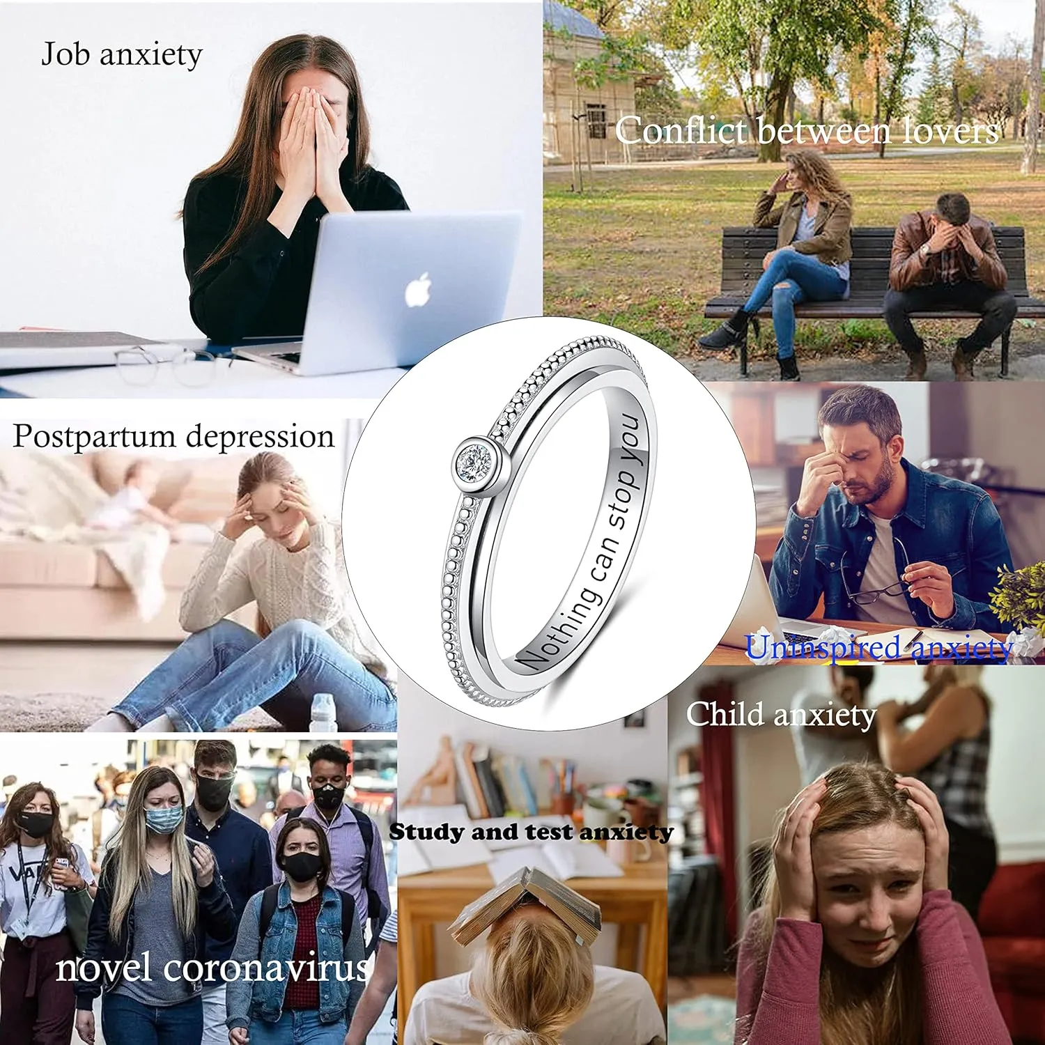 ZOEXUE Anxiety Spinner Ring - Cross/Moon Stars/Cubic Zirconia/Paw Print Sterling Silver ADHD Stress Relieving Ring Engagement Wedding Promise Band 5-10 Sizes